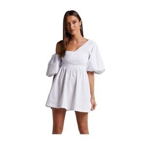 NWT Showpo Sula Mini Dress White One Shoulder Puff Sleeve Shift Dress Size 16